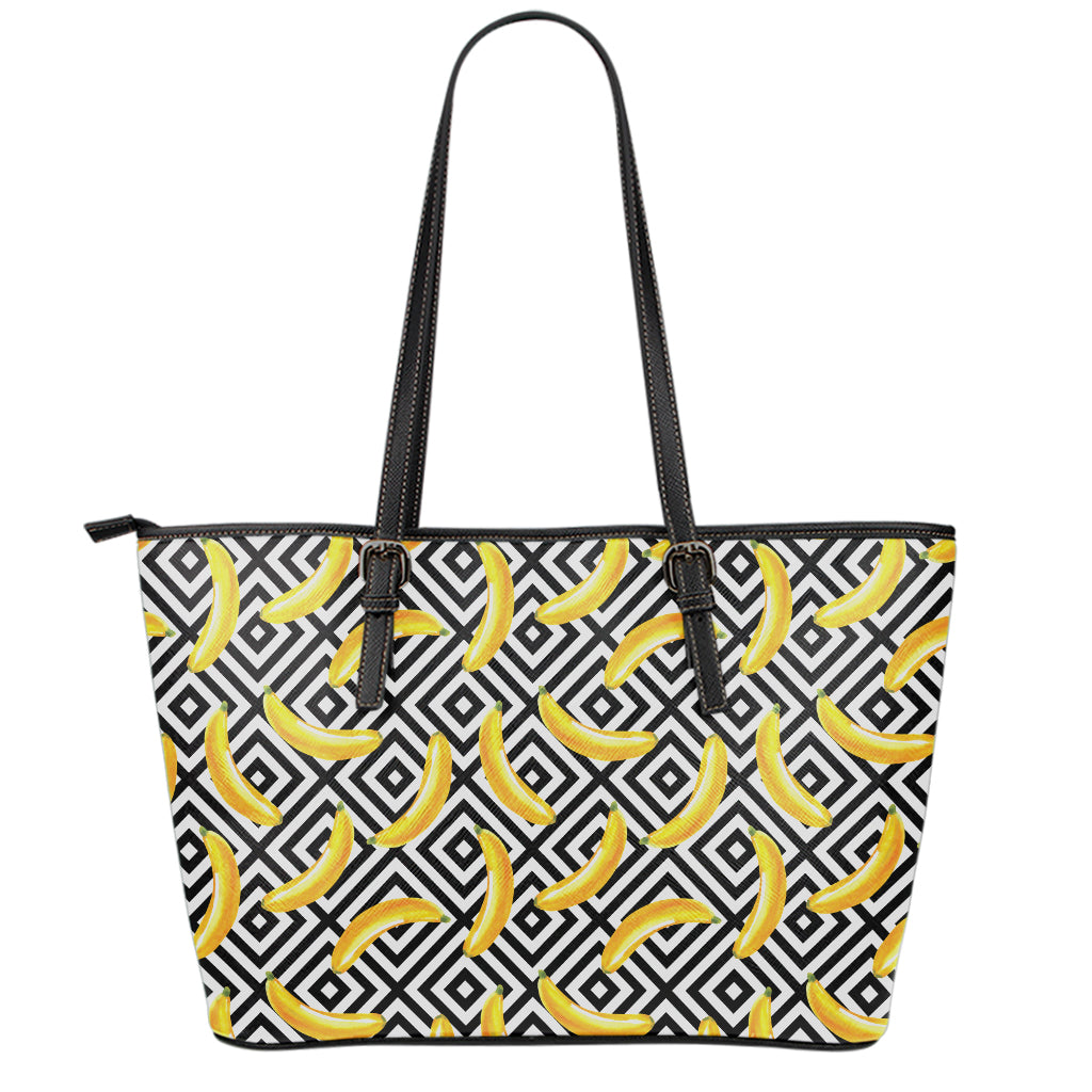 Black And White Geometric Banana Print Leather Tote Bag