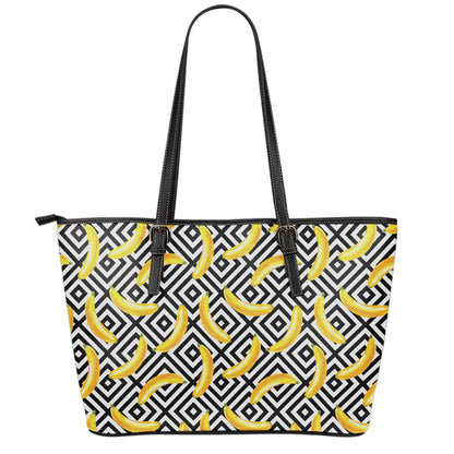 Black And White Geometric Banana Print Leather Tote Bag