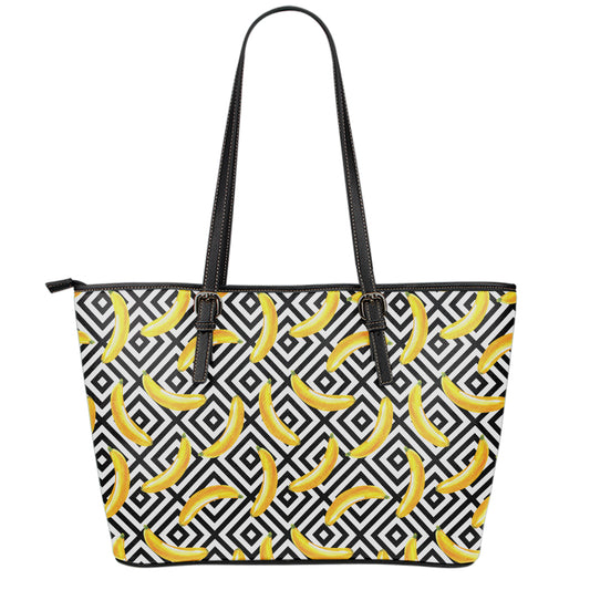 Black And White Geometric Banana Print Leather Tote Bag