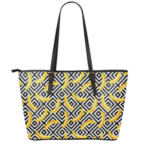 Black And White Geometric Banana Print Leather Tote Bag