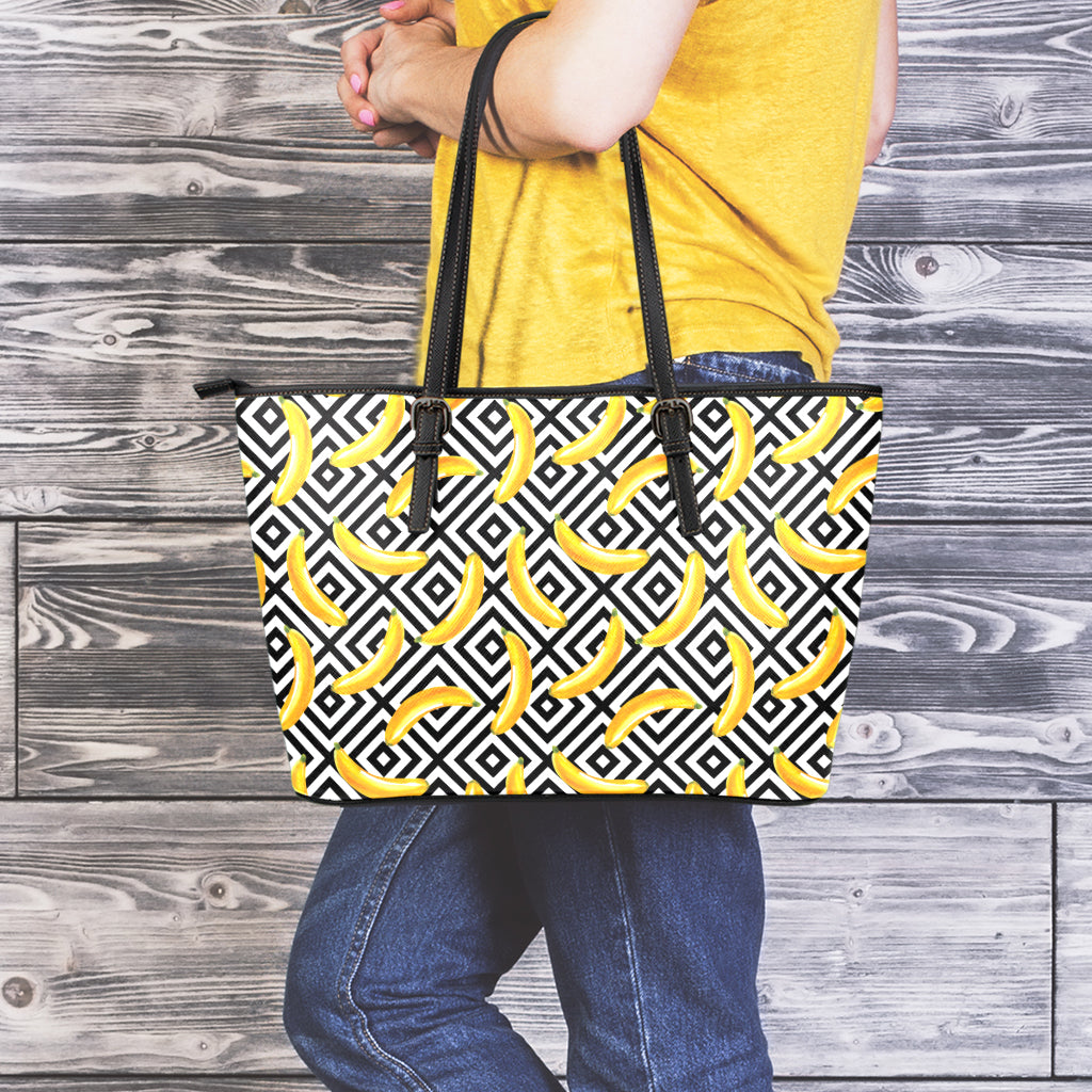 Black And White Geometric Banana Print Leather Tote Bag