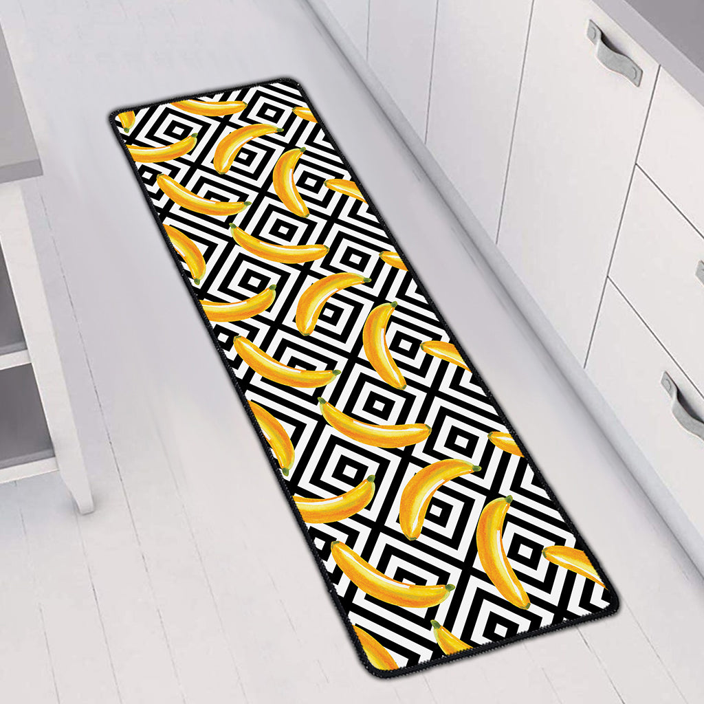 Black And White Geometric Banana Print Long Kitchen Mat