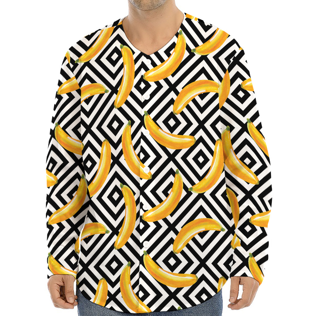 Black And White Geometric Banana Print Long Sleeve Baseball Jersey