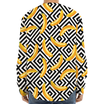 Black And White Geometric Banana Print Long Sleeve Baseball Jersey