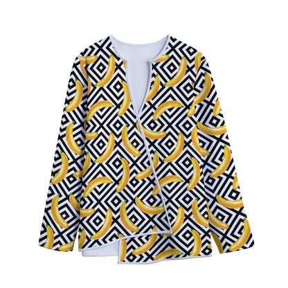 Black And White Geometric Banana Print Long Sleeve Short Coat