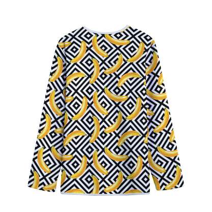 Black And White Geometric Banana Print Long Sleeve Short Coat