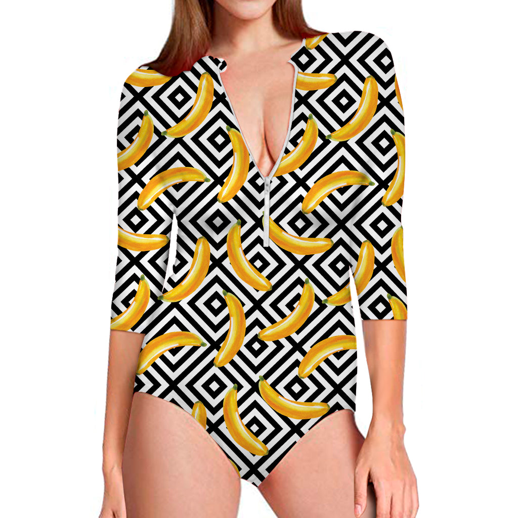 Black And White Geometric Banana Print Long Sleeve Swimsuit