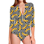 Black And White Geometric Banana Print Long Sleeve Swimsuit