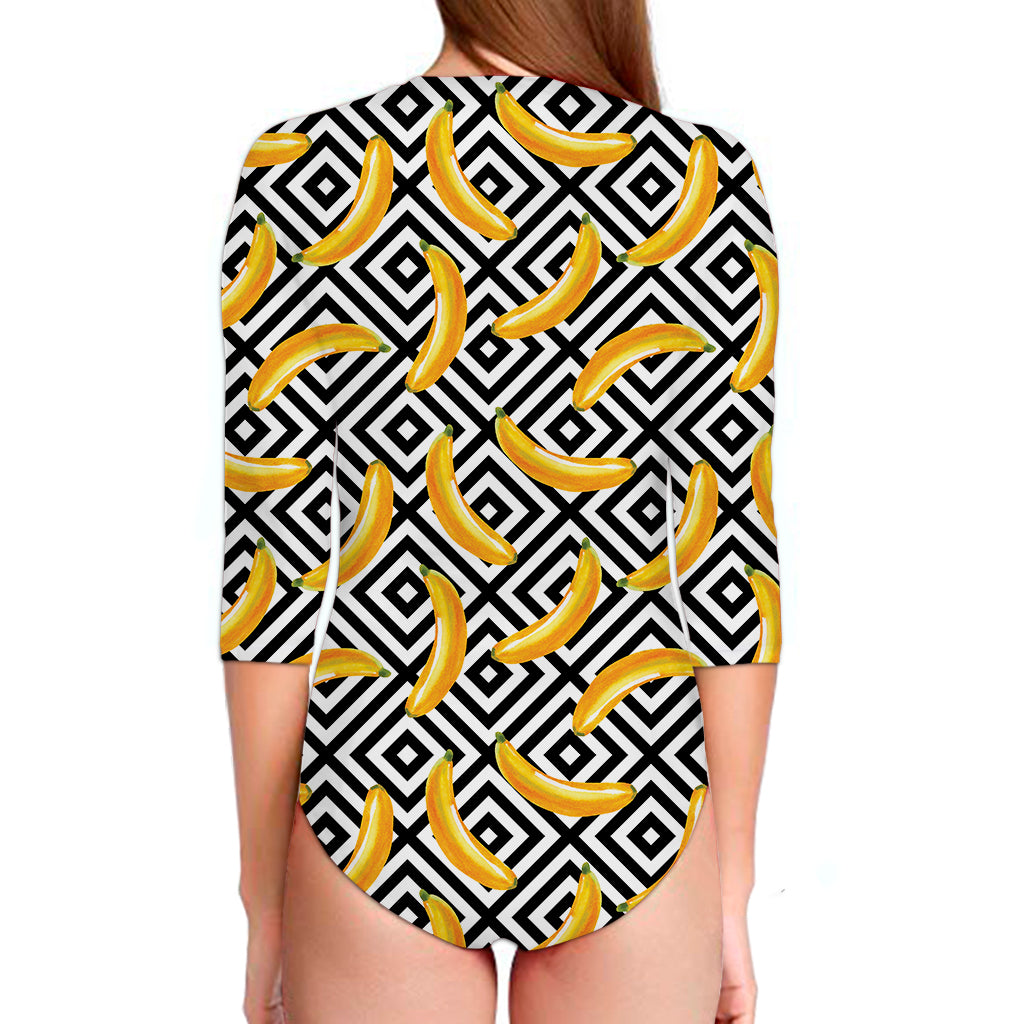 Black And White Geometric Banana Print Long Sleeve Swimsuit