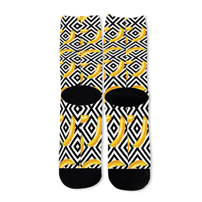 Black And White Geometric Banana Print Long Socks