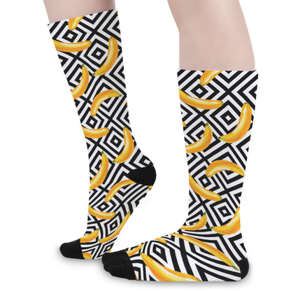 Black And White Geometric Banana Print Long Socks