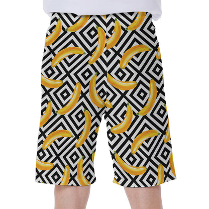 Black And White Geometric Banana Print Men's Beach Shorts