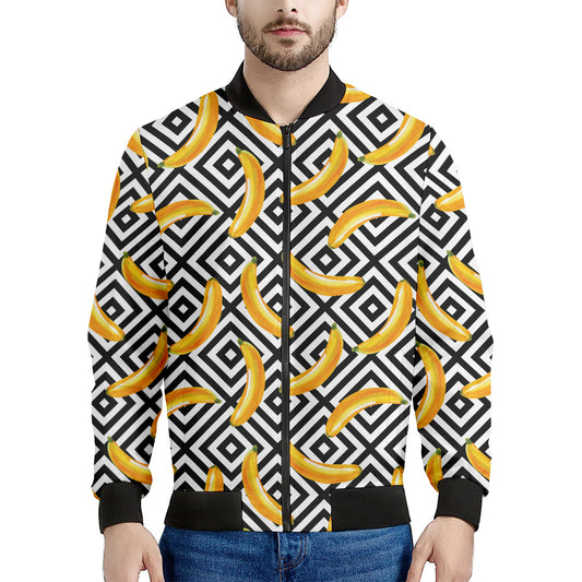 Black And White Geometric Banana Print Men's Bomber Jacket