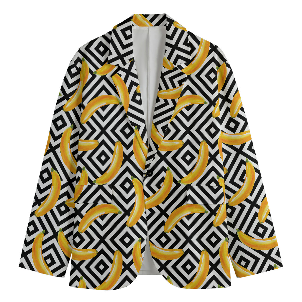 Black And White Geometric Banana Print Men's Cotton Blazer