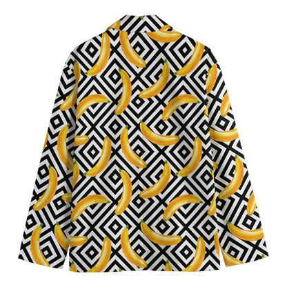 Black And White Geometric Banana Print Men's Cotton Blazer