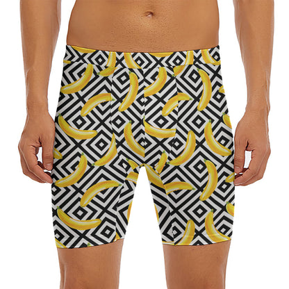 Black And White Geometric Banana Print Men's Long Boxer Briefs
