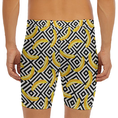 Black And White Geometric Banana Print Men's Long Boxer Briefs