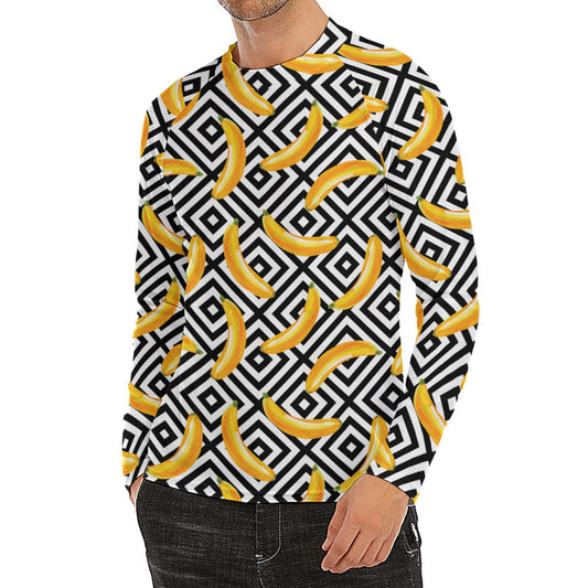 Black And White Geometric Banana Print Men's Long Sleeve Rash Guard