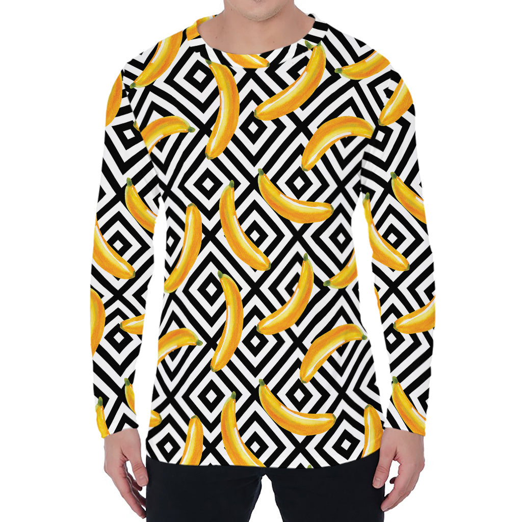 Black And White Geometric Banana Print Men's Long Sleeve T-Shirt