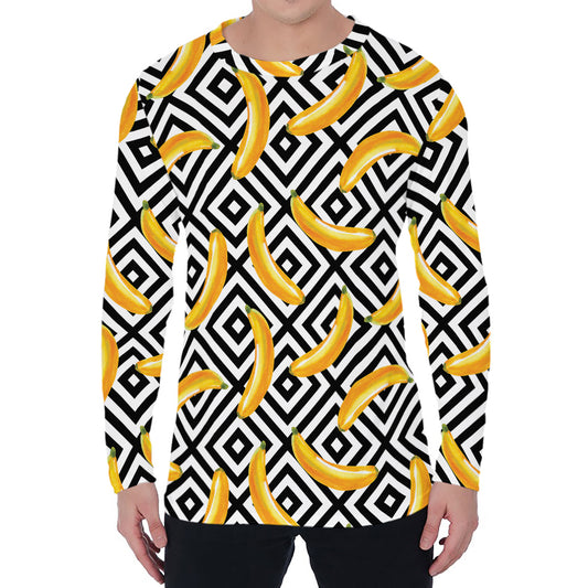 Black And White Geometric Banana Print Men's Long Sleeve T-Shirt