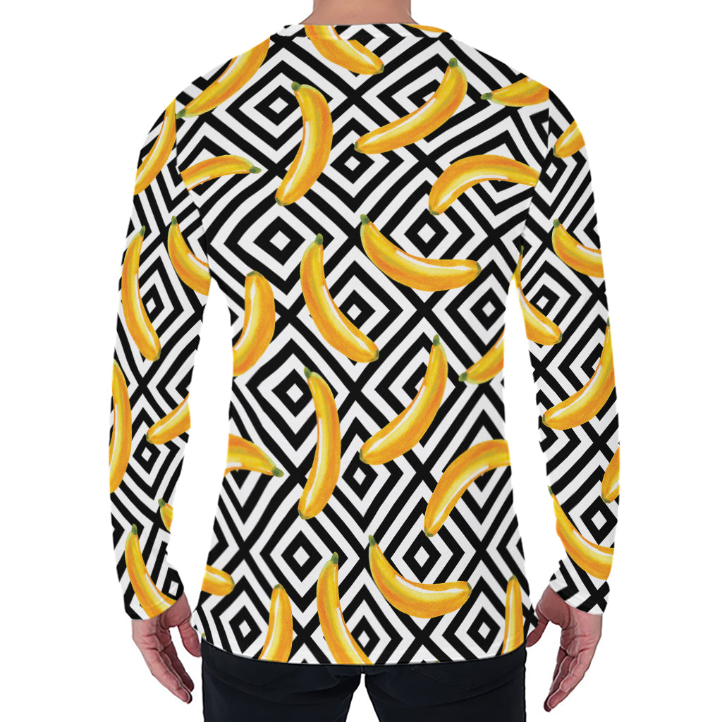 Black And White Geometric Banana Print Men's Long Sleeve T-Shirt