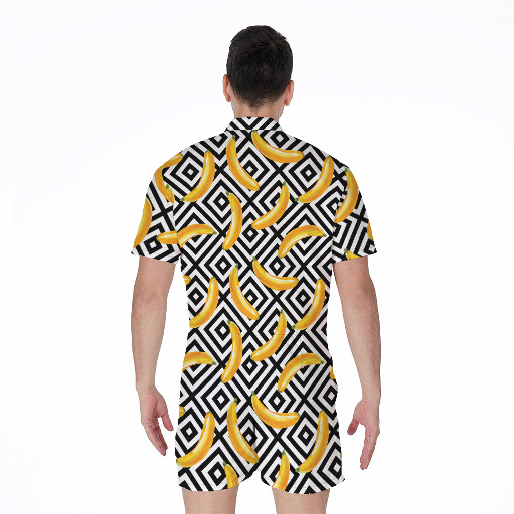Black And White Geometric Banana Print Men's Rompers
