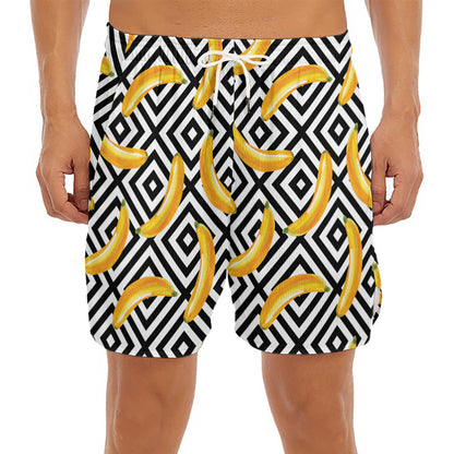 Black And White Geometric Banana Print Men's Split Running Shorts