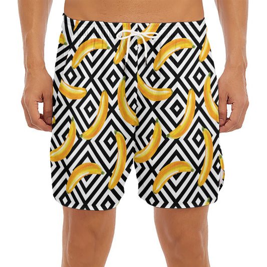 Black And White Geometric Banana Print Men's Split Running Shorts