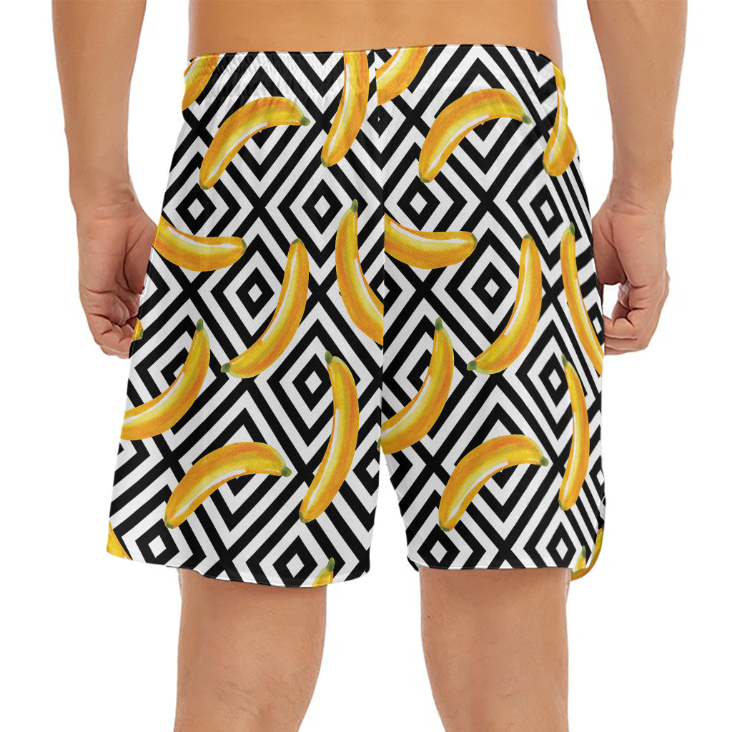 Black And White Geometric Banana Print Men's Split Running Shorts