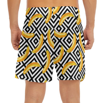 Black And White Geometric Banana Print Men's Split Running Shorts