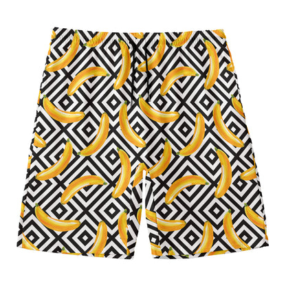 Black And White Geometric Banana Print Men's Swim Trunks