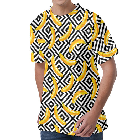 Black And White Geometric Banana Print Men's Velvet T-Shirt