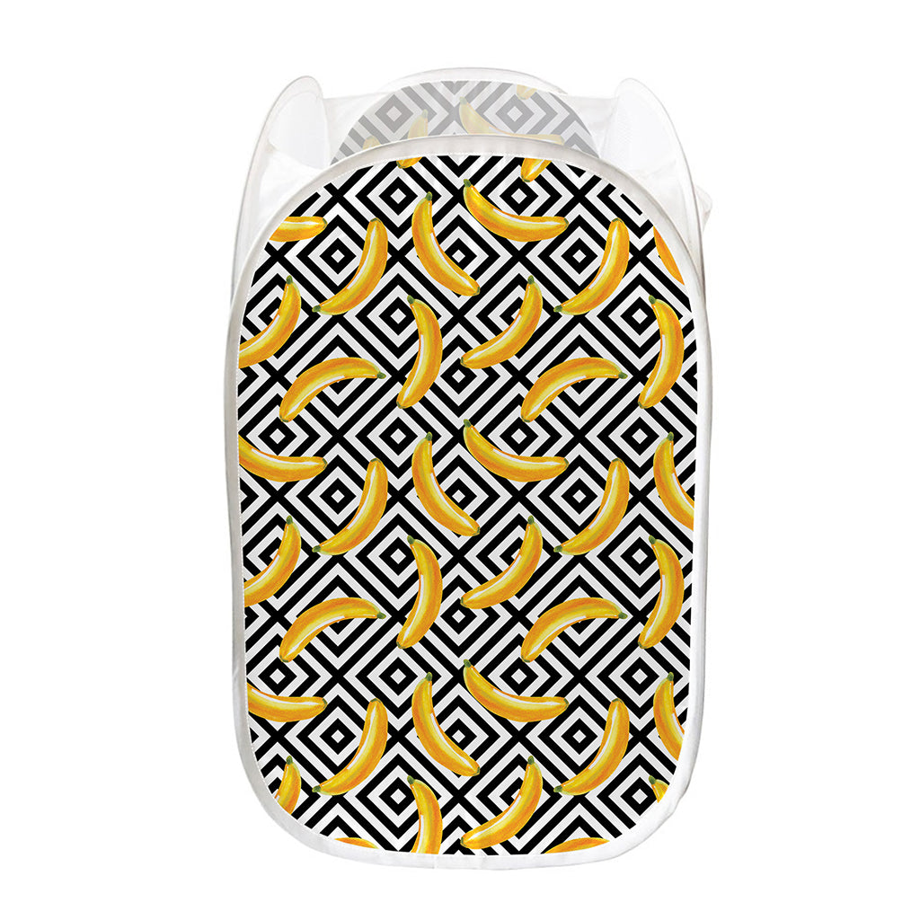 Black And White Geometric Banana Print Mesh Laundry Hamper