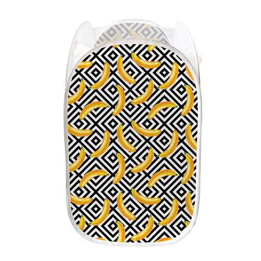 Black And White Geometric Banana Print Mesh Laundry Hamper