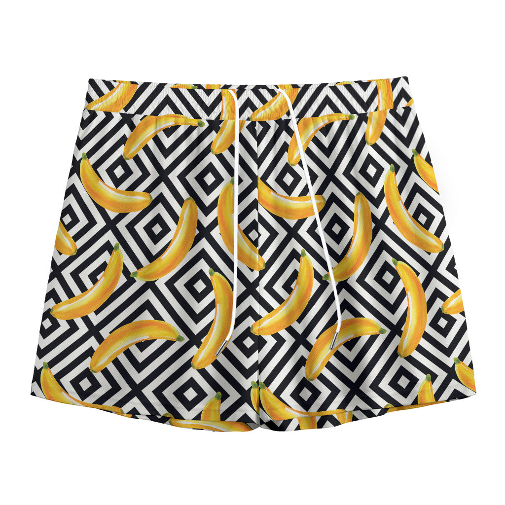 Black And White Geometric Banana Print Mesh Shorts
