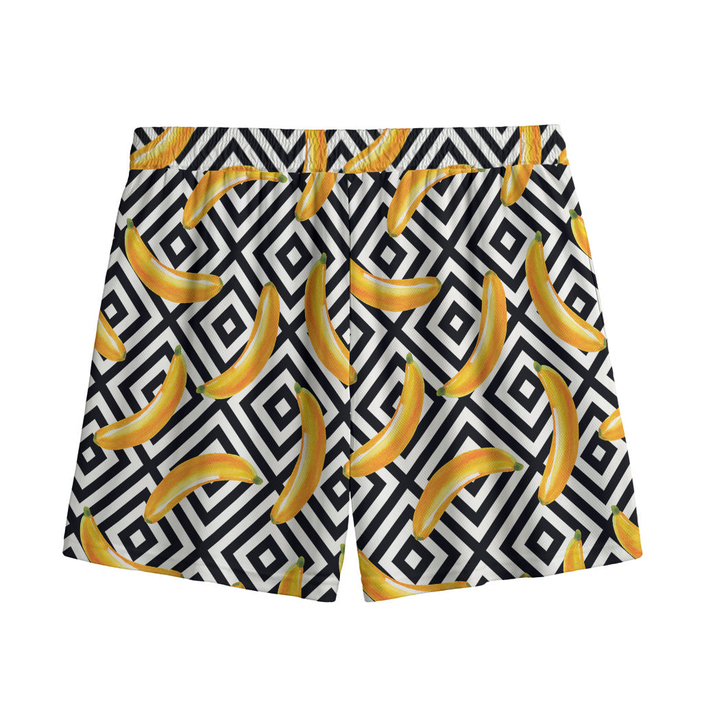 Black And White Geometric Banana Print Mesh Shorts