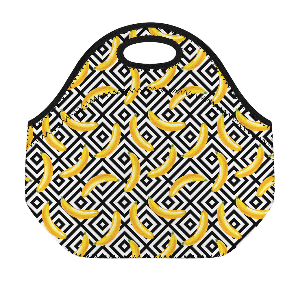 Black And White Geometric Banana Print Neoprene Lunch Bag