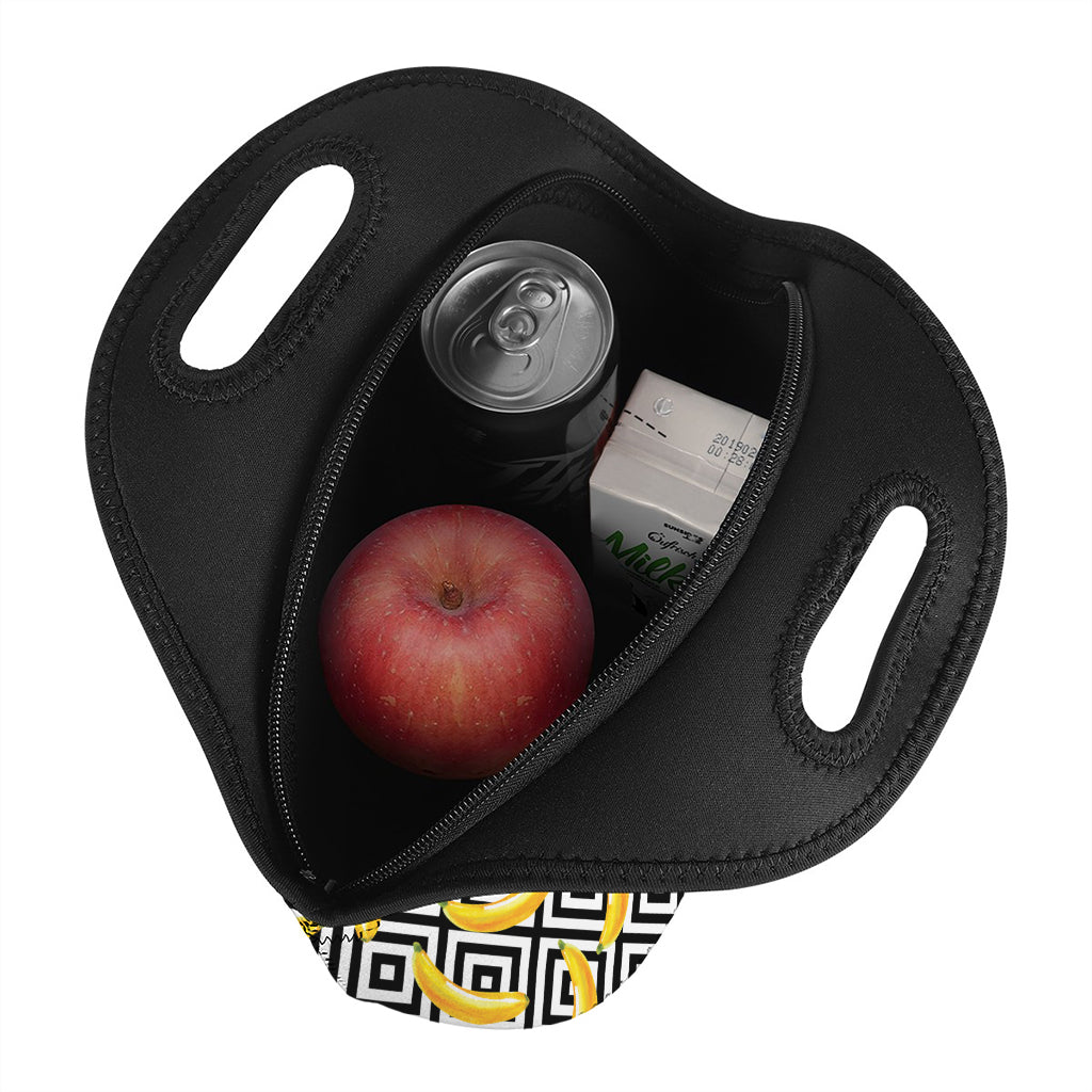 Black And White Geometric Banana Print Neoprene Lunch Bag