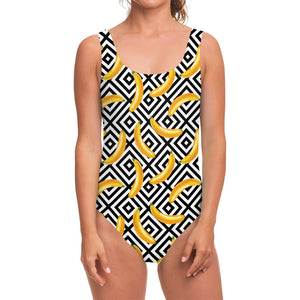 Black And White Geometric Banana Print One Piece Swimsuit