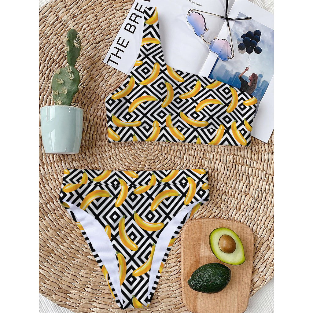 Black And White Geometric Banana Print One Shoulder Bikini Top
