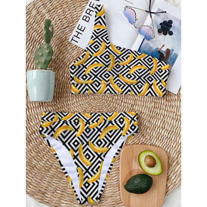 Black And White Geometric Banana Print One Shoulder Bikini Top