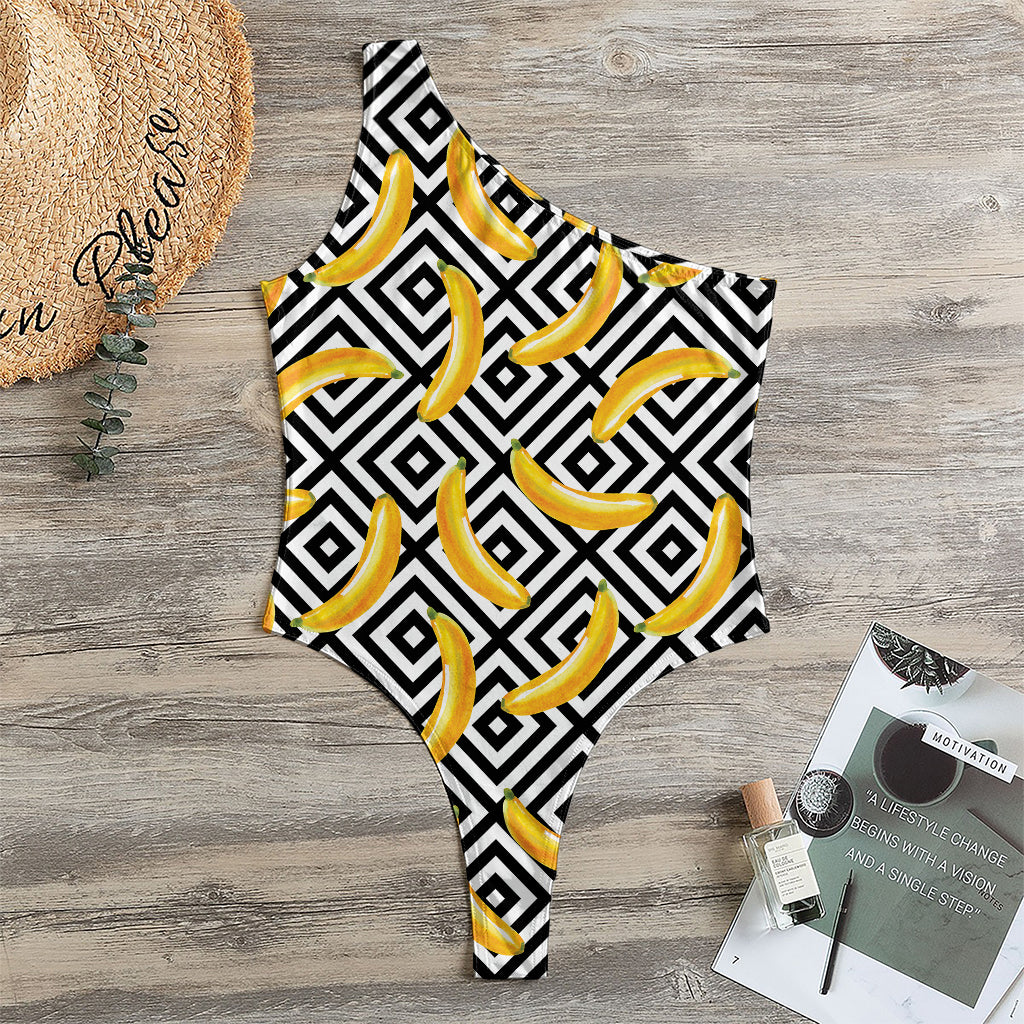 Black And White Geometric Banana Print One Shoulder Bodysuit