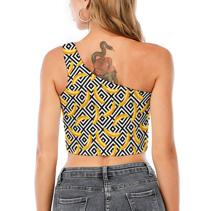 Black And White Geometric Banana Print One Shoulder Crop Top