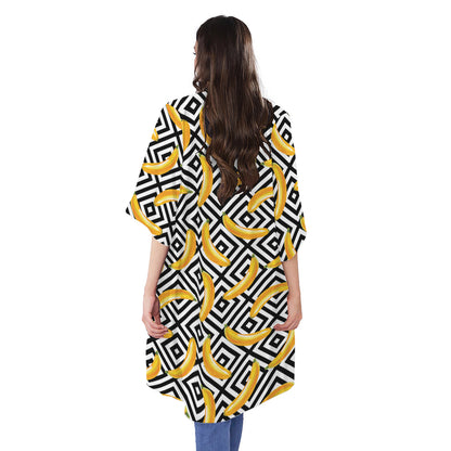 Black And White Geometric Banana Print Open Front Beach Cover Up