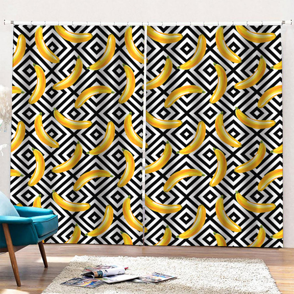 Black And White Geometric Banana Print Pencil Pleat Curtains