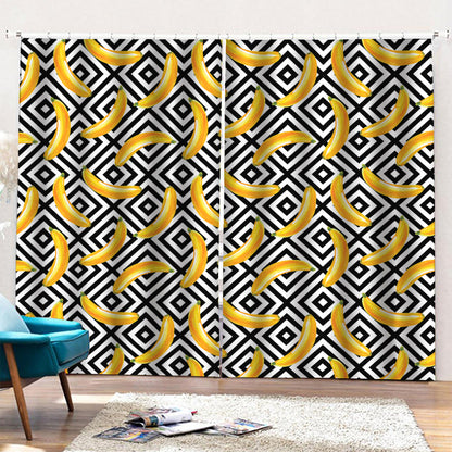 Black And White Geometric Banana Print Pencil Pleat Curtains