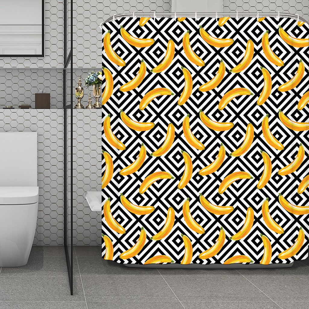 Black And White Geometric Banana Print Polyester Shower Curtain