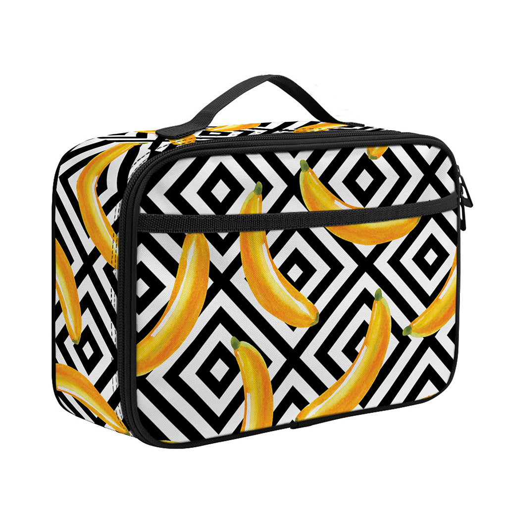 Black And White Geometric Banana Print Portable Lunch Bag