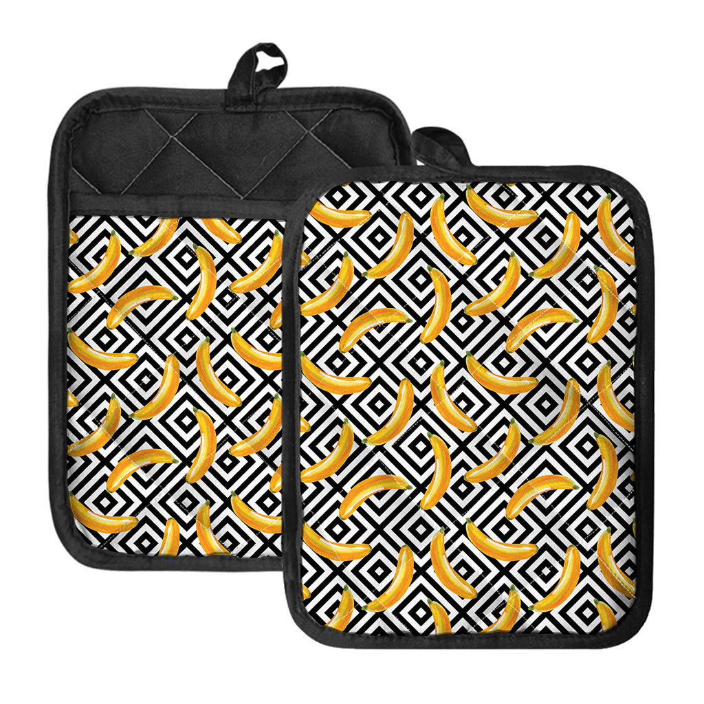 Black And White Geometric Banana Print Pot Holders With Pocket