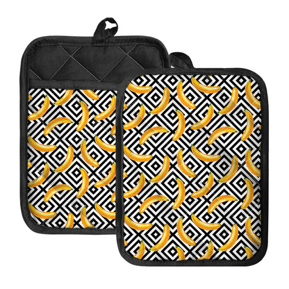 Black And White Geometric Banana Print Pot Holders With Pocket
